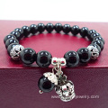 Black Onyx Beads Bracelet With Crown Drop Pendant Bracelet